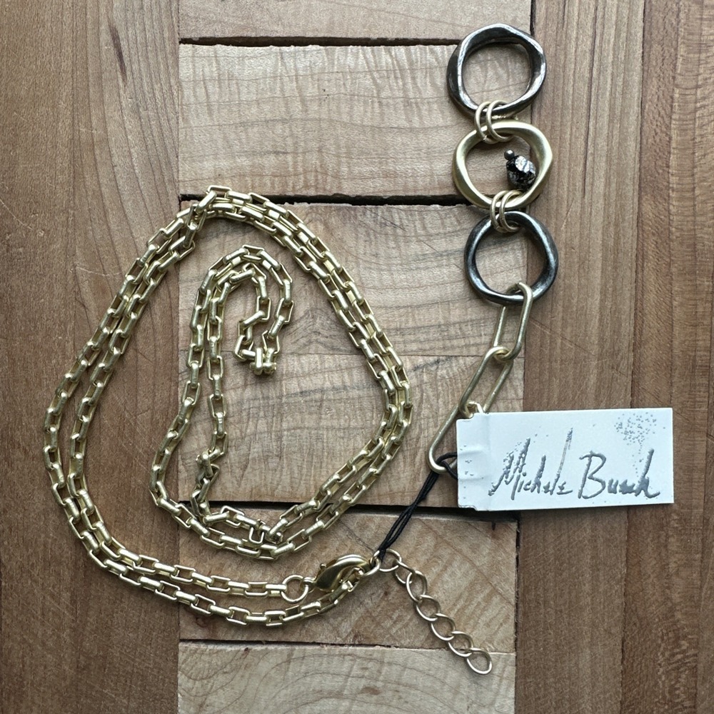 Michele Busch Pendant Necklace 28.5 Inch Matte Gold Tone Jet Czech Texas NWT